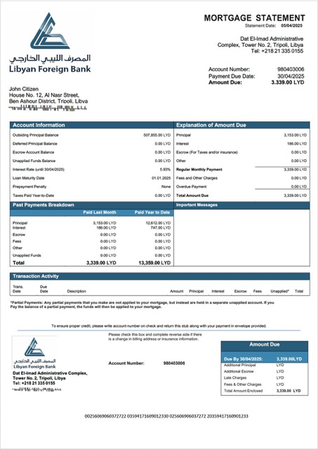 Download Libyan Foreign Bank mortgage statement Word and PDF template Photoshop template